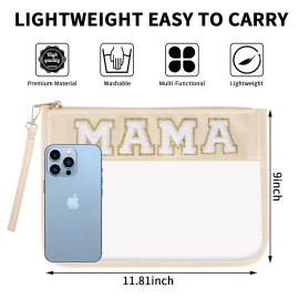 Iqimott Monogram Letter Clear Mama Bag, Chenille Glitter Letter Makeup Cosmetic Bag Patch Zipper Toiletry Pouch, Portable Travel Beach Snack Wristlet Bag for Women Girls(Mama, Beige)