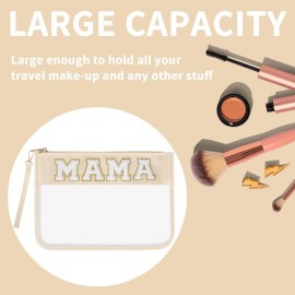 Iqimott Monogram Letter Clear Mama Bag, Chenille Glitter Letter Makeup Cosmetic Bag Patch Zipper Toiletry Pouch, Portable Travel Beach Snack Wristlet Bag for Women Girls(Mama, Beige)