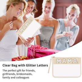 Iqimott Monogram Letter Clear Mama Bag, Chenille Glitter Letter Makeup Cosmetic Bag Patch Zipper Toiletry Pouch, Portable Travel Beach Snack Wristlet Bag for Women Girls(Mama, Beige)