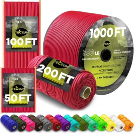 TECEUM Paracord Type III 550 Crimson - 50 ft - 4mm - Tactical Rope MIL-SPEC - Outdoor para Cord -Camping Hiking Fishing Gear and Equipment - EDC Parachute Cord - Strong Survival Rope