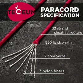 TECEUM Paracord Type III 550 Crimson - 50 ft - 4mm - Tactical Rope MIL-SPEC - Outdoor para Cord -Camping Hiking Fishing Gear and Equipment - EDC Parachute Cord - Strong Survival Rope