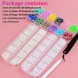 3800 Pcs 3 Boxes Flat Back Pearls Kits Flatback Colorful AB+White AB+Beige AB Half Round Pearls with Pickup Pencil and Tweezer for Home DIY and Professional Nail Art, Face Makeup and Craft 3800 Pcs 3 Boxes Flat Back Pearls Kits Flatback Colorful AB+White AB+Beige AB Half Round Pearls with Pickup Pencil and Tweezer for Home DIY and Professional Nail Art, Face Makeup and Craft