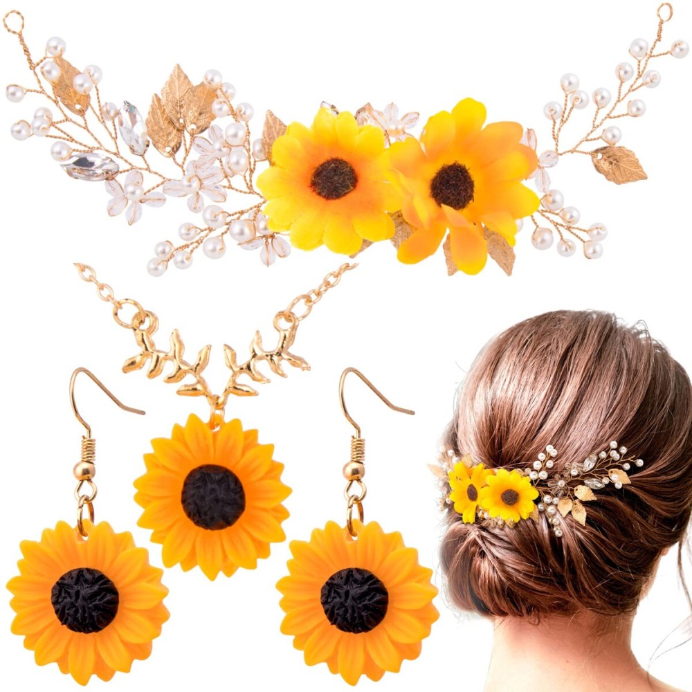 OIIKI Sunflower Bridal Accessories Kit, Wedding Sunflower Headband, Bridal Sunflower Necklace Earrings, Flower Crystal Hair Vine Decorative Clips for Women, Parties OIIKI Sunflower Bridal Accessories Kit, Wedding Sunflower Headband, Bridal Sunflower Necklace Earrings, Flower Crystal Hair Vine Decorative Clips for Women, Parties