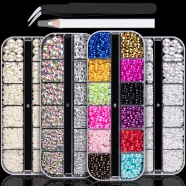 4800 Pcs 4 Boxes Flat Back Rhinestone&Pearls Kits Flatback Round Glass Crystal AB&Clear Gems+Colorful+White+Beige Half Round Pearls with Pickup Pencil and Tweezer for Nail Art, Face Makeup and Craft