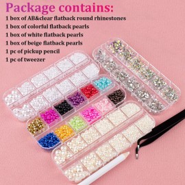4800 Pcs 4 Boxes Flat Back Rhinestone&Pearls Kits Flatback Round Glass Crystal AB&Clear Gems+Colorful+White+Beige Half Round Pearls with Pickup Pencil and Tweezer for Nail Art, Face Makeup and Craft 4800 Pcs 4 Boxes Flat Back Rhinestone&Pearls Kits Flatback Round Glass Crystal AB&Clear Gems+Colorful+White+Beige Half Round Pearls with Pickup Pencil and Tweezer for Nail Art, Face Makeup and Craft