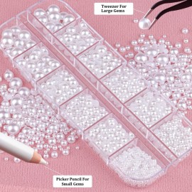 Belleboost Flat Back Pearls Kits 3 Boxes of Flatback White Half Round Pearls with Pickup Pencil and Tweezer for Home DIY and Professional Nail Art, Face Makeup and Craft