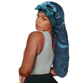 Satin Silk Bonnet Hair Cap: Long Bonnets with Elastic Tie Band Adjustable Straps Jumbo Size Sleep for Sleeping Comfortable - Stretchy Tie Band Bonnets for Women Long Braid Curly Hair No Slip-Off Teal