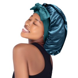 Satin Silk Bonnet Hair Cap: Long Bonnets with Elastic Tie Band Adjustable Straps Jumbo Size Sleep for Sleeping Comfortable - Stretchy Tie Band Bonnets for Women Long Braid Curly Hair No Slip-Off Teal