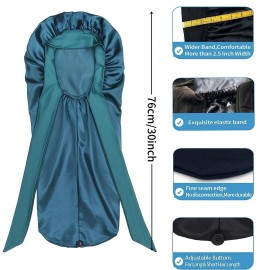 Satin Silk Bonnet Hair Cap: Long Bonnets with Elastic Tie Band Adjustable Straps Jumbo Size Sleep for Sleeping Comfortable - Stretchy Tie Band Bonnets for Women Long Braid Curly Hair No Slip-Off Teal