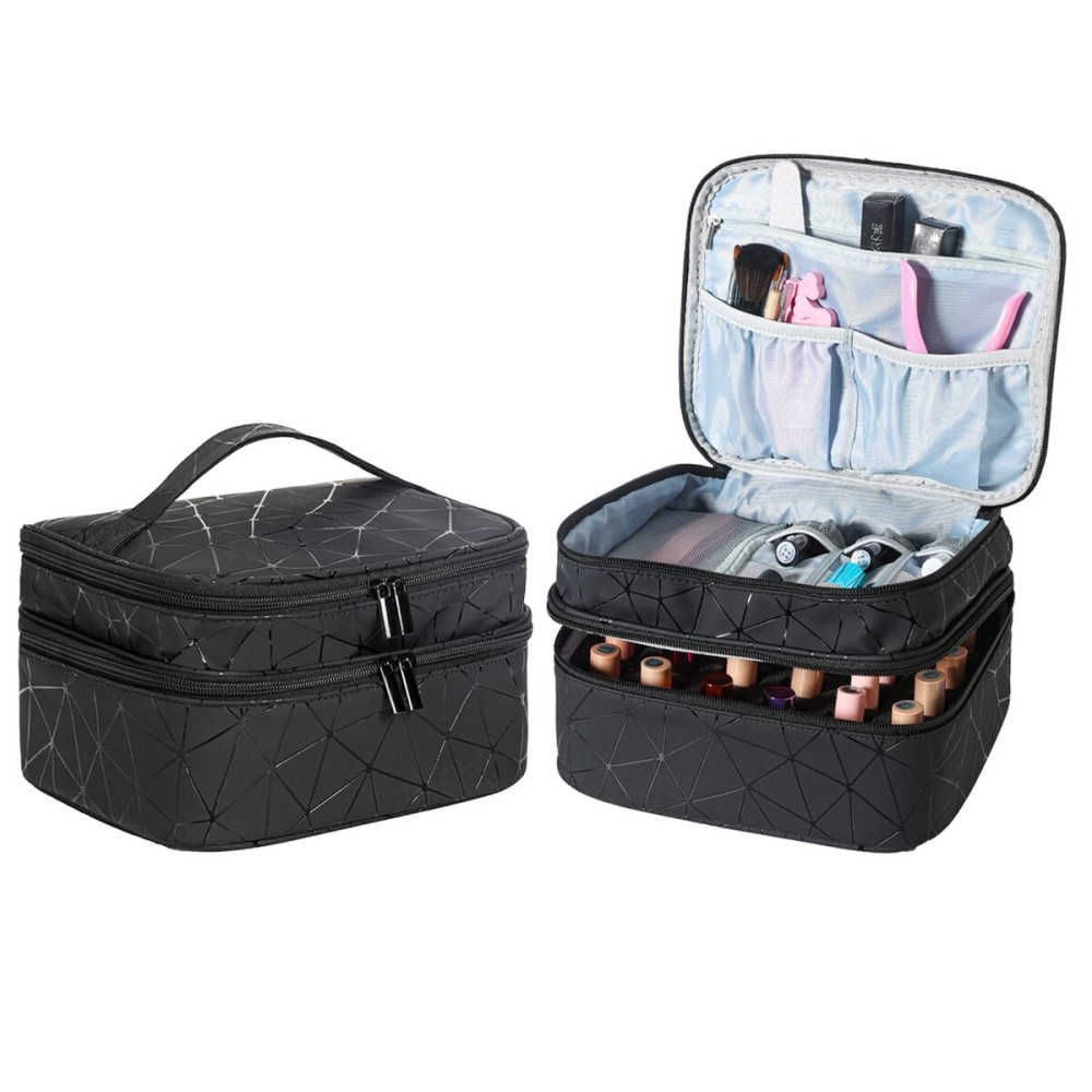 ZFZGFRCS Nail Polish Organizer- Holds 30 Bottles Nail Supply Organizers and Storage Double-layer Nail Bag Organizer Case Nail varnish Organizer Nail Polish Storage Bag with Handle (Black-a)