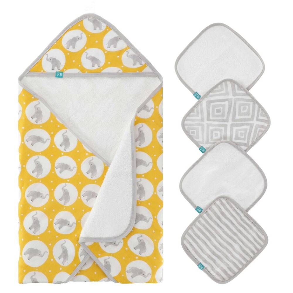 Featherhead 5-Piece 100% Cotton Muslin Hooded Bath Towel & Washcloths Unisex Set for Baby Boy & Girl - Ultra Soft and Extra Absorbent - Newborn Essential & Perfect Baby Registry Gift (Grey Elephant)