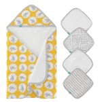 Featherhead 5-Piece 100% Cotton Muslin Hooded Bath Towel & Washcloths Unisex Set for Baby Boy & Girl - Ultra Soft and Extra Absorbent - Newborn Essential & Perfect Baby Registry Gift (Grey Elephant)