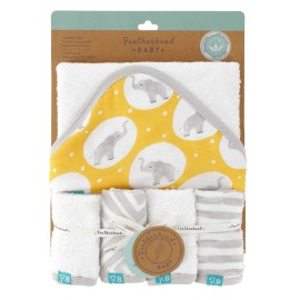 Featherhead 5-Piece 100% Cotton Muslin Hooded Bath Towel & Washcloths Unisex Set for Baby Boy & Girl - Ultra Soft and Extra Absorbent - Newborn Essential & Perfect Baby Registry Gift (Grey Elephant)