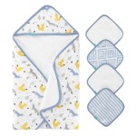 Featherhead 5-Piece 100% Cotton Muslin Hooded Bath Towel & Washcloths Set for Baby Boy - Ultra Soft and Extra Absorbent - Newborn Essential & Perfect Baby Registry Gift (Blue Foxes)