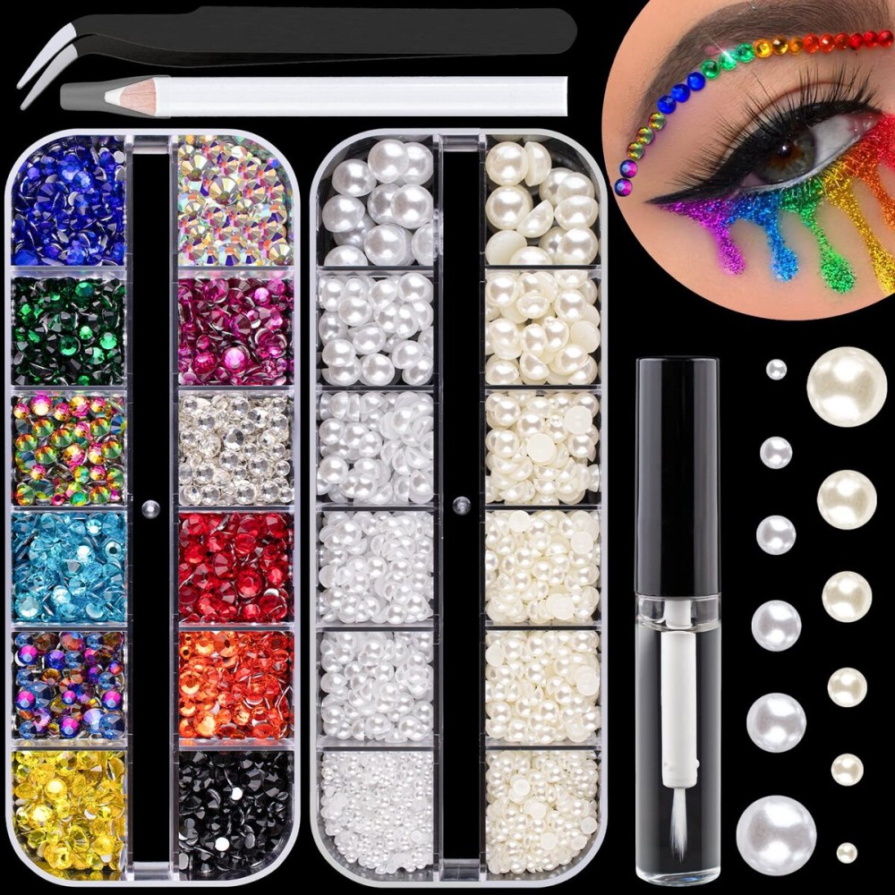 Colorful Flatback Face Gems and White & Beige Pearls for Makeup with Quick Dry Glue, Half Round Pearls Nail Art Rhinestones Glass Crystal Beads for Make-up Deco with Pickup Pencil + Tweezer Colorful Flatback Face Gems and White & Beige Pearls for Makeup with Quick Dry Glue, Half Round Pearls Nail Art Rhinestones Glass Crystal Beads for Make-up Deco with Pickup Pencil + Tweezer