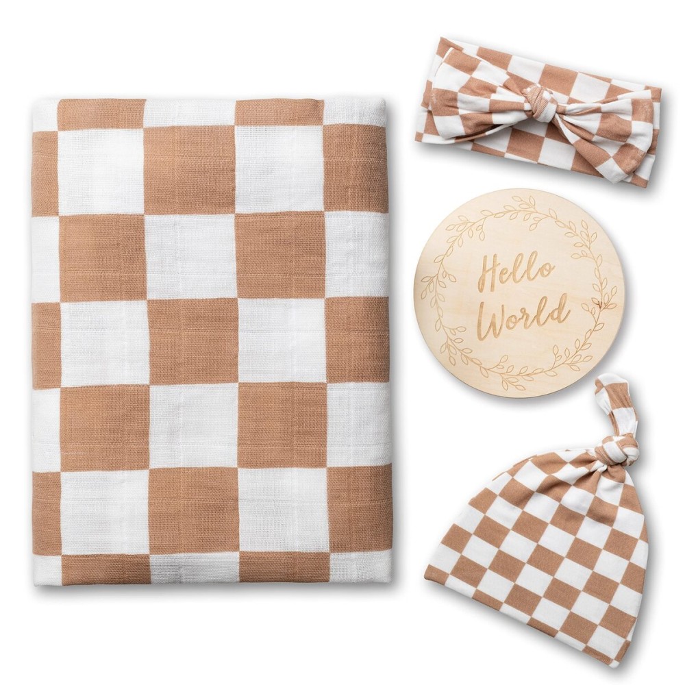 Miaoberry 100% Organic Muslin Swaddle Set| Checkered in Coffee Latte 47 * 47 with Hat,Bow and Arrival Card