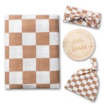 Miaoberry 100% Organic Muslin Swaddle Set| Checkered in Coffee Latte 47 * 47 with Hat,Bow and Arrival Card