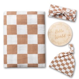 Miaoberry 100% Organic Muslin Swaddle Set| Checkered in Coffee Latte 47 * 47 with Hat,Bow and Arrival Card