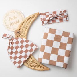 Miaoberry 100% Organic Muslin Swaddle Set| Checkered in Coffee Latte 47 * 47 with Hat,Bow and Arrival Card