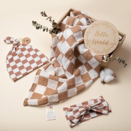 Miaoberry 100% Organic Muslin Swaddle Set| Checkered in Coffee Latte 47 * 47 with Hat,Bow and Arrival Card