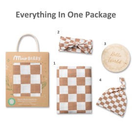 Miaoberry 100% Organic Muslin Swaddle Set| Checkered in Coffee Latte 47 * 47 with Hat,Bow and Arrival Card