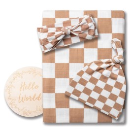 Miaoberry 100% Organic Muslin Swaddle Set| Checkered in Coffee Latte 47 * 47 with Hat,Bow and Arrival Card