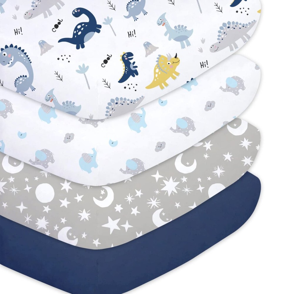 Plushii Crib Sheets for Baby Boys 4 Pack, 28x 52 Extra Soft Microfiber Crib Sheet Set for Standard Crib & Toddler Mattress Pad, Dinosaur & Elephant & Stars & Navy Blue
