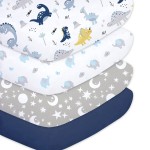 Plushii Crib Sheets for Baby Boys 4 Pack, 28x 52 Extra Soft Microfiber Crib Sheet Set for Standard Crib & Toddler Mattress Pad, Dinosaur & Elephant & Stars & Navy Blue