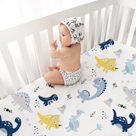 Plushii Crib Sheets for Baby Boys 4 Pack, 28x 52 Extra Soft Microfiber Crib Sheet Set for Standard Crib & Toddler Mattress Pad, Dinosaur & Elephant & Stars & Navy Blue