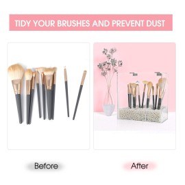 Vevitts Acrylic Makeup Brush Holder, Clear Cosmetic Storage Box with 3 Brush Holders, Dust Cover, Large-Capacity Split Design for Organizing Vanity Desk