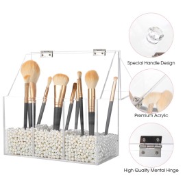 Vevitts Acrylic Makeup Brush Holder, Clear Cosmetic Storage Box with 3 Brush Holders, Dust Cover, Large-Capacity Split Design for Organizing Vanity Desk
