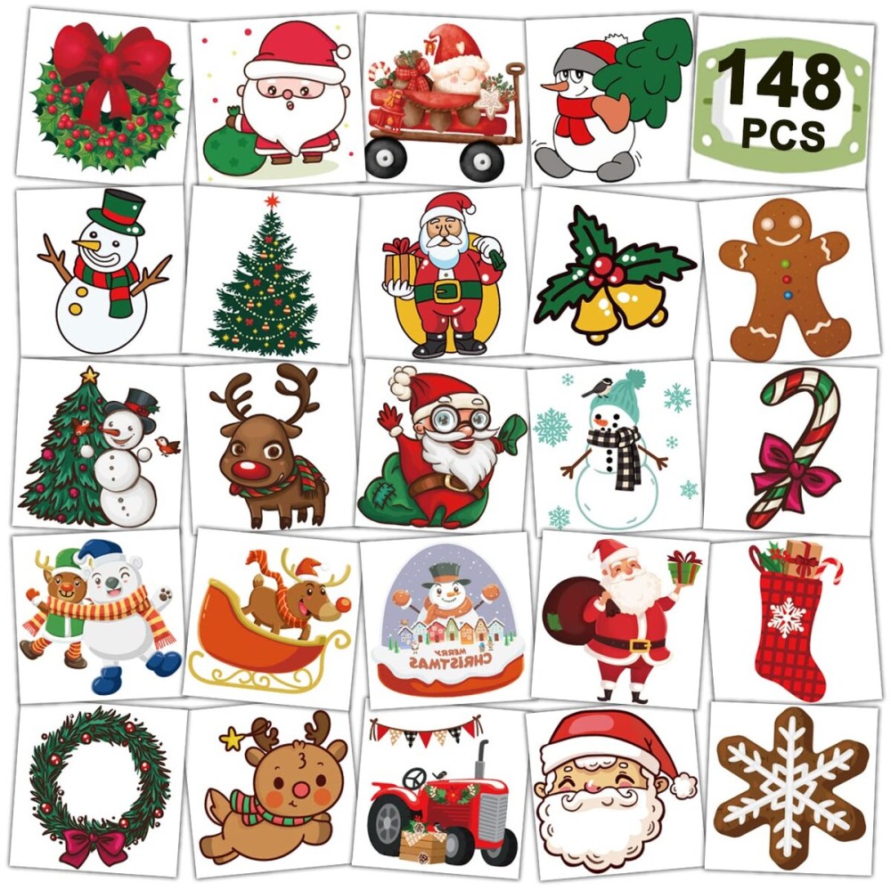 CHARLENT Christmas Temporary Tattoos for Kids - 148 PCS Christmas Individual Tattoos for Kids Christmas Xmas Party Favors, Stocking Stuffer, Christmas Eve Gift