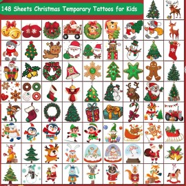 CHARLENT Christmas Temporary Tattoos for Kids - 148 PCS Christmas Individual Tattoos for Kids Christmas Xmas Party Favors, Stocking Stuffer, Christmas Eve Gift