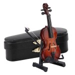Jeanoko Miniature Violin Model with Stand Case Dollhouse Accessories Mini Musical Instrument Decor Gift Dollhouse Model Home Decoration