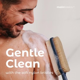 MainBasics Back Scrubber for Shower - Long Handle Dual-Sided Brush for Body Wash & Scrubbing with Exfoliating & Soft Bristles (Ultramarine, Plastic)