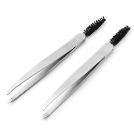 2 Pcs Stainless Steel Eyebrow Tweezer with Brush Dual Endeds Slant Tip Tweezer Make Up Tools