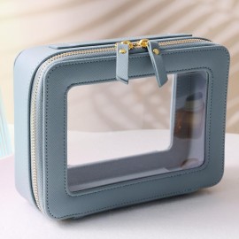 SANHECUN Toiletry bag waterproof cosmetic organizer with handle large opening for travelling (Blue)