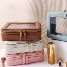 SANHECUN Toiletry bag waterproof cosmetic organizer with handle large opening for travelling (Blue)