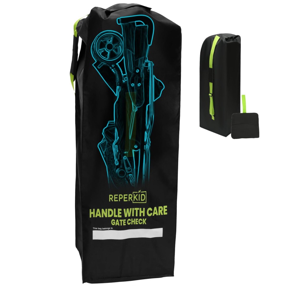 reperkid Umbrella Stroller Bag for Airplane Travel, Black and Green, 47 H x 15 W x 12 D, Fits Most Single and Double Umbrella Strollers - Premium Waterproof Cover, Adjustable Shoulder Strap