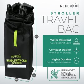 reperkid Umbrella Stroller Bag for Airplane Travel, Black and Green, 47 H x 15 W x 12 D, Fits Most Single and Double Umbrella Strollers - Premium Waterproof Cover, Adjustable Shoulder Strap