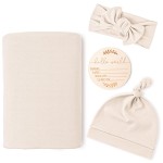 Konssy Baby Girl Newborn Receiving Blanket with Matching Headband and Beanie Set Baby Swaddle Nursery Swaddle Wrap