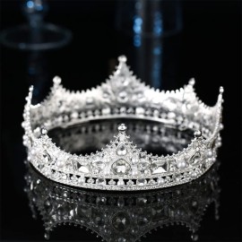 Crystal King Wedding Tiara Vintage Rhinestone Crown Hair Bands For Halloween Birthday Pageant Hair Accessories (Silver)