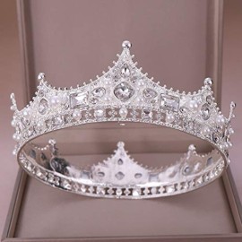 Crystal King Wedding Tiara Vintage Rhinestone Crown Hair Bands For Halloween Birthday Pageant Hair Accessories (Silver)