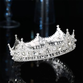Crystal King Wedding Tiara Vintage Rhinestone Crown Hair Bands For Halloween Birthday Pageant Hair Accessories (Silver)