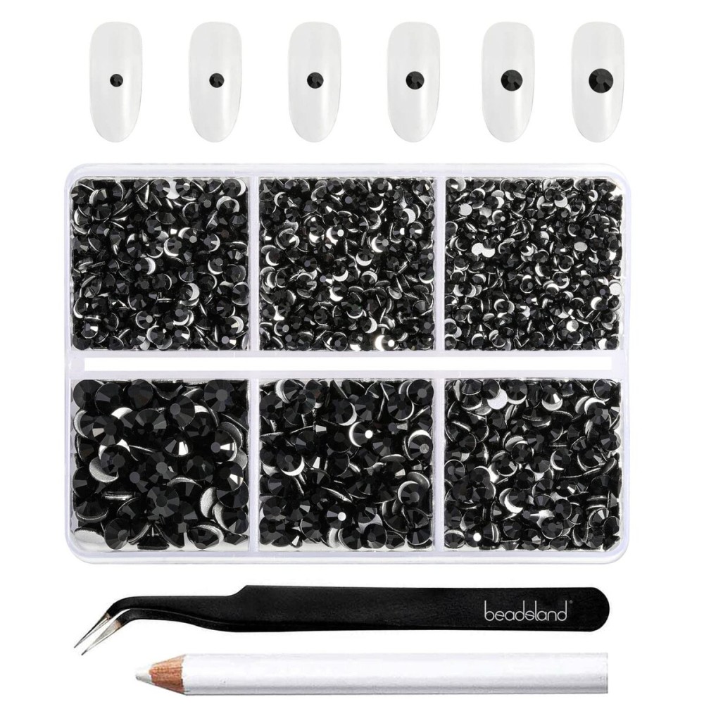 Beadsland 4300pcs Flatback Rhinestones,Black Rhinestone Nail Gems Round Crystal Rhinestones for Crafts,Mixed 6 Sizes with Picking Tweezers and Wax Pencil Kit, SS6-SS20,Jet Black
