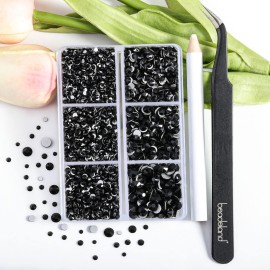 Beadsland 4300pcs Flatback Rhinestones,Black Rhinestone Nail Gems Round Crystal Rhinestones for Crafts,Mixed 6 Sizes with Picking Tweezers and Wax Pencil Kit, SS6-SS20,Jet Black