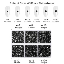Beadsland 4300pcs Flatback Rhinestones,Black Rhinestone Nail Gems Round Crystal Rhinestones for Crafts,Mixed 6 Sizes with Picking Tweezers and Wax Pencil Kit, SS6-SS20,Jet Black