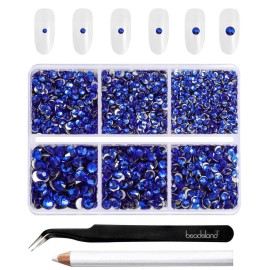 Beadsland 4300pcs Flatback Rhinestones,Royal Blue Rhinestone Nail Gems Round Crystal Rhinestones for Crafts,Mixed 6 Sizes with Picking Tweezers and Wax Pencil Kit, SS6-SS20,Sapphire