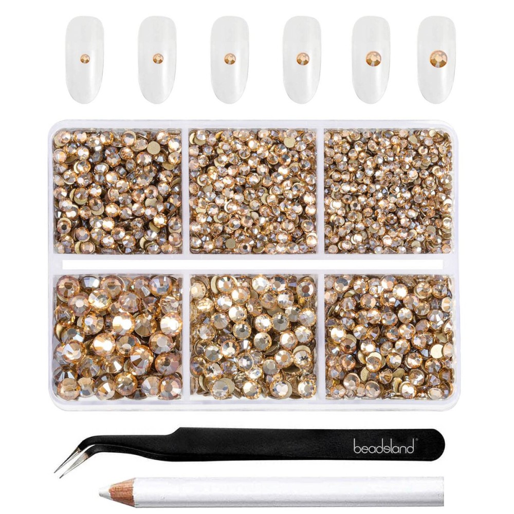 Beadsland 4300pcs Flatback Rhinestones,Gold Rhinestone Nail Gems Round Crystal Rhinestones for Crafts,Mixed 6 Sizes with Picking Tweezers and Wax Pencil Kit, SS6-SS20,Golden Shadow