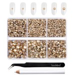 Beadsland 4300pcs Flatback Rhinestones,Gold Rhinestone Nail Gems Round Crystal Rhinestones for Crafts,Mixed 6 Sizes with Picking Tweezers and Wax Pencil Kit, SS6-SS20,Golden Shadow